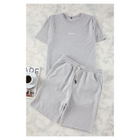 Trendyol Grey Regular Fit Printed / Striped Shorts Knitted Pajama Set