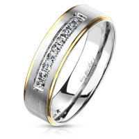Dvoubarevný ocelový prsten, stříbrný a zlatý odstín, čiré zirkony, 6 mm