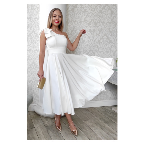 Parisse Bílé midi šaty s mašlí