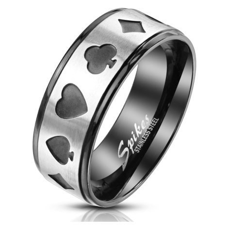 Prsten z oceli v černo-stříbrném odstínu - symboly hracích karet v pokeru,  8 mm Šperky eshop | Modio.cz