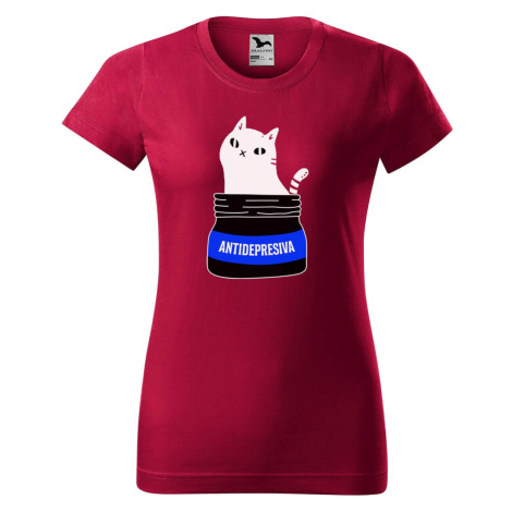 DOBRÝ TRIKO Dámské tričko s potiskem s kočkou ANTIDEPRESIVA Barva: Marlboro červená