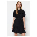 Trendyol Black Mini Weaving with Belt and Embroidered Balloon Sleeve Detail Shirt Dress