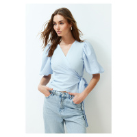Trendyol Blue Double Breasted Tie Detailed Woven Blouse