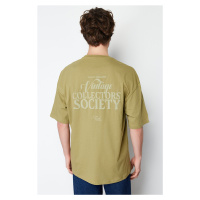 Trendyol Khaki Oversize/Wide-Fit Crinoline Print 100% Cotton T-Shirt
