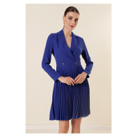 By Saygı Double-breasted Collar Button Detailed Pleated Long Sleeve Dress in Saks.