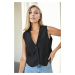 90619 Dewberry Pocket Detailed 3 Button Lined Women Vest-BLACK