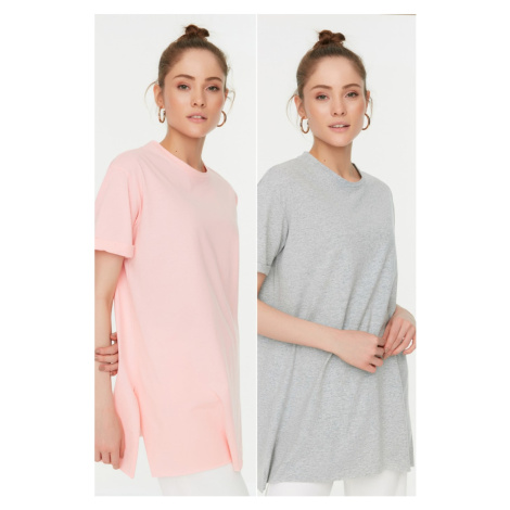 Trendyol Gray-Pink2' Slit Detailed Crew Neck Basic Knitted T-Shirt