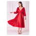 Červené lesklé midi šaty s plisovanou sukní