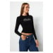 Trendyol Black Shiny Stone Printed Cotton Fitted Crop Knitted Blouse