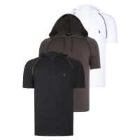 TRIPLE SET T8570 DEWBERRY HOODED MEN'S T-SHIRT-BLACK-WHITE-KHAKI