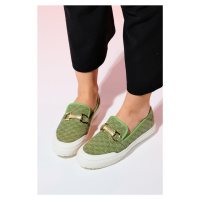 LuviShoes MARRAKESH Green Denim Buckled Women's Loafer Shoes