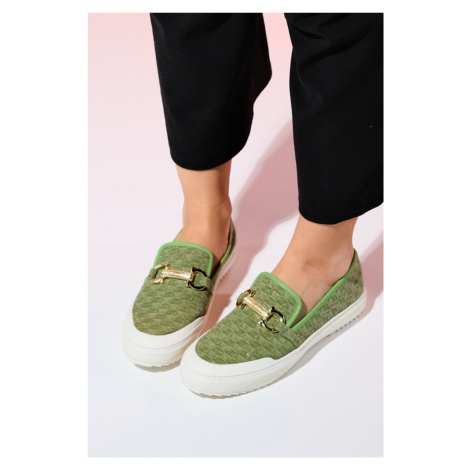 LuviShoes MARRAKESH Green Denim Buckled Women's Loafer Shoes