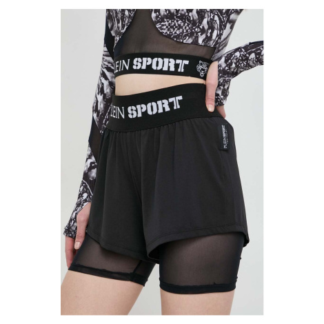 Kraťasy PLEIN SPORT dámské, černá barva, s potiskem, high waist