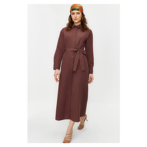 Trendyol Brown Belted Cuffed Sleeve Buttoned Cotton Woven Shirt Dress