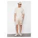 Trendyol Stone Regular/Normal Cut Brooklyn-City Embroidered Solid Fabric Shorts with Elastic Wai