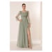 By Saygı Front Back V-Neck Waist with Stones and Draped Lined Long Tulle Dress