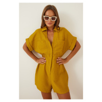 Happiness İstanbul Women's Mustard Linen Viscose Jumpsuit with Shorts TO0009