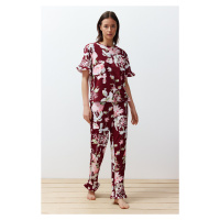 Trendyol Claret Red-Multicolored 100% Cotton Floral Ruffle Detailed Knitted Pajama Set