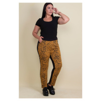 Şans Women's Plus Size Mustard Lacquer Patterned Pants with Pockets with Elastic Waist