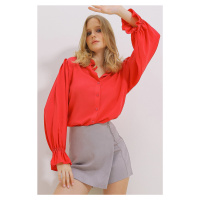 Trend Alaçatı Stili Women's Fuchsia Flounce Sleeves Viscon Woven Shirt