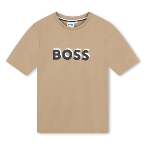 Dětské bavlněné tričko BOSS béžová barva, s potiskem Hugo Boss
