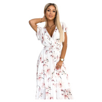 LISA - Dámské plisované midi šaty s výstřihem, volánky a se vzorem broskvových květů na bílém po