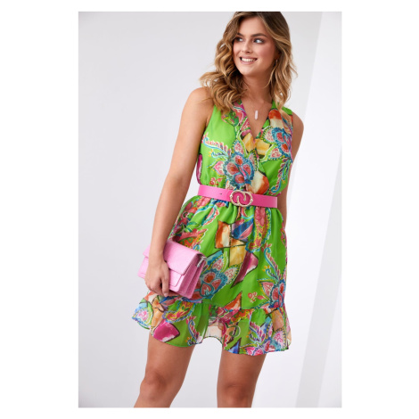 Světlé vzorované šaty se zeleným a růžovým páskem FASARDI