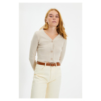 Trendyol Beige Buttoned V Neck Fake Knitwear Knitted Blouse