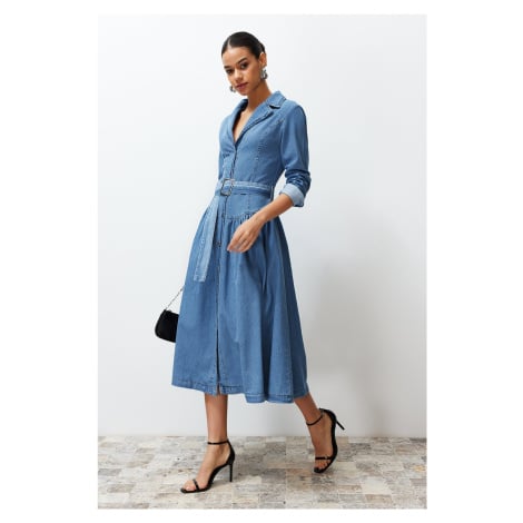 Trendyol Light Blue Belted Maxi Denim Dress