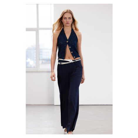 Trendyol Limited Edition Navy Blue Belt Detailed Wide Leg/Wide Leg Woven Trousers