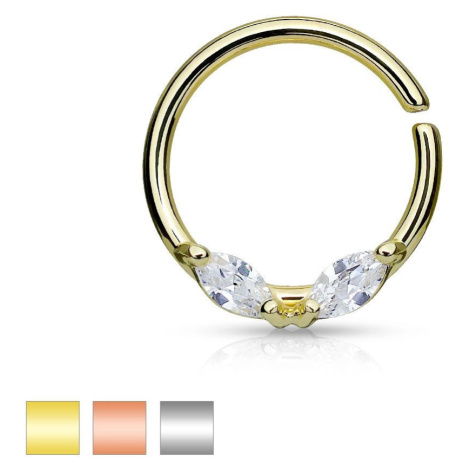 Ocelový piercing do nosu, kroužek, dva čiré zrnkovité zirkony, různé barvy - Barva: Stříbrná Šperky eshop