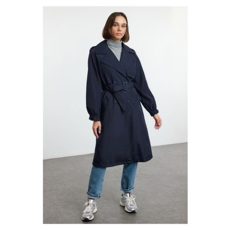 Trendyol Navy Belted Oversize Long Trench Coat