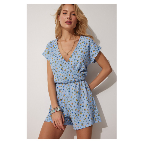 Happiness İstanbul Women's Sky Blue Patterned Overalls with Wrapover Collar