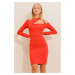 Trend Alaçatı Stili Women's Red Crew Neck Out Cut Cut Gather Detailed Dress