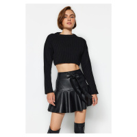 Trendyol Black Faux Leather Skirt with Frill Tie Tie Detail Mini Woven Skirt