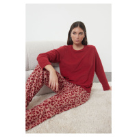 Trendyol Red Leopard Patterned Polar Fleece Knitted Pajama Set