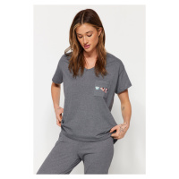 Trendyol Gray 100% Cotton Pocket Printed Wide Fit Tshirt-Pants Knitted Pajamas Set