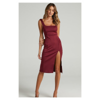 Madmext Claret Red with Straps and a Slit Detailed Midi Dress