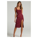 Madmext Claret Red with Straps and a Slit Detailed Midi Dress