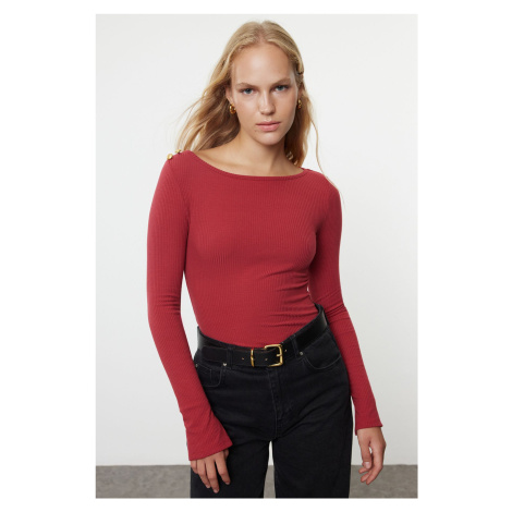 Trendyol Claret Red Boat Neck Ribbed Flexible Regular Fit Long Sleeve Button Detailed Knitted Bl