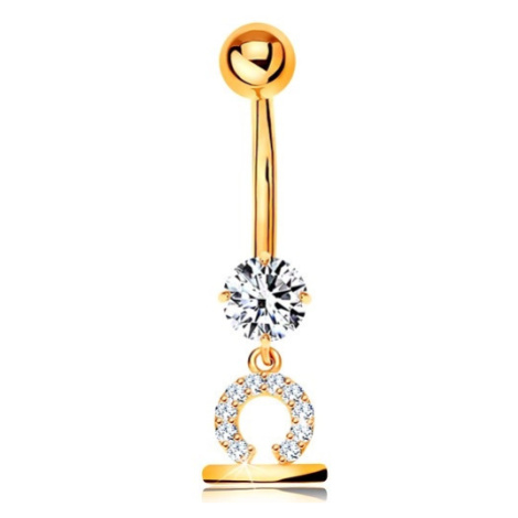 Zlatý 375 piercing do bříška - čirý zirkon, lesklý symbol zvěrokruhu - VÁHY Šperky eshop