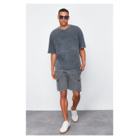Trendyol Anthracite Oversize/Wide Cut 100% Cotton T-shirt with Stitching Detail and Faded Effect