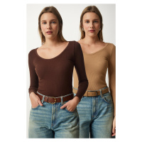 Happiness İstanbul Women's Dark Brown Biscuit V Neck 2-Pack Knitted Blouse