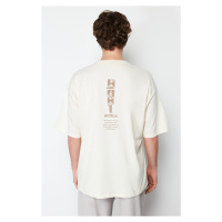 Trendyol Stone Oversize/Wide-Fit Text Printed Back 100% Cotton T-shirt
