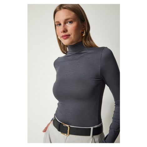 Happiness İstanbul Women's Anthracite High Collar Saran Stretchy Knitted Blouse