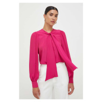 Košile s příměsí hedvábí Pinko růžová barva, regular, s vázaným výstřihem, 102168.8889