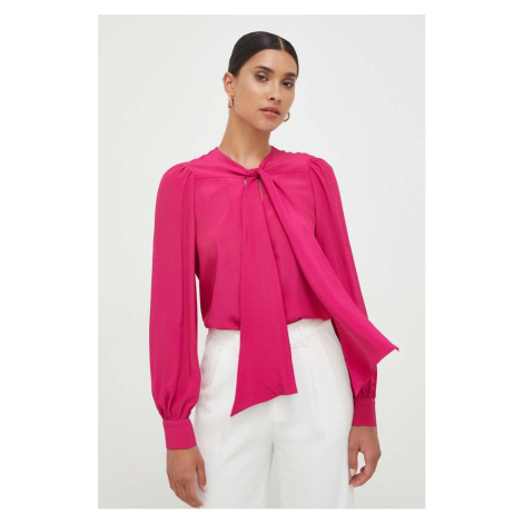 Košile s příměsí hedvábí Pinko růžová barva, regular, s vázaným výstřihem, 102168.8889