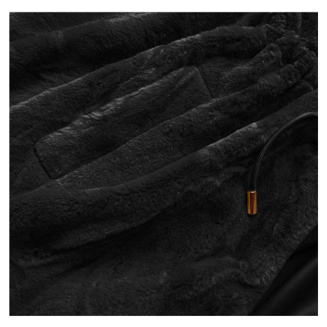 Černá kožešinová bunda s kapucí (B8049-1) S'WEST