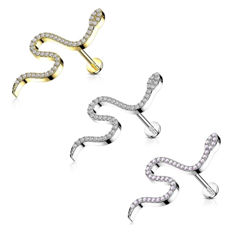 Šroubovací ocelový piercing do labretu - motiv hada, kulatý zirkon, 6 mm - Barva zirkonu: Zlatá  Šperky eshop