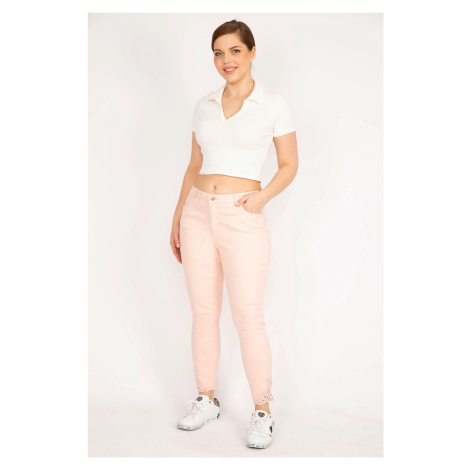 Şans Women's Pink Large Size Jeans with Lace Detail